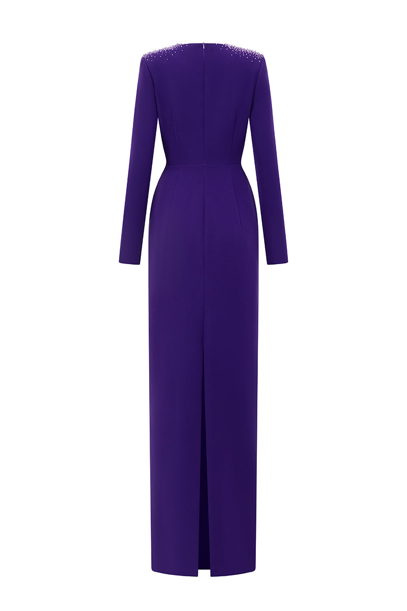 Queen Anne Neck Column Gown With Long Sleeves | I.H.F ATELIER
