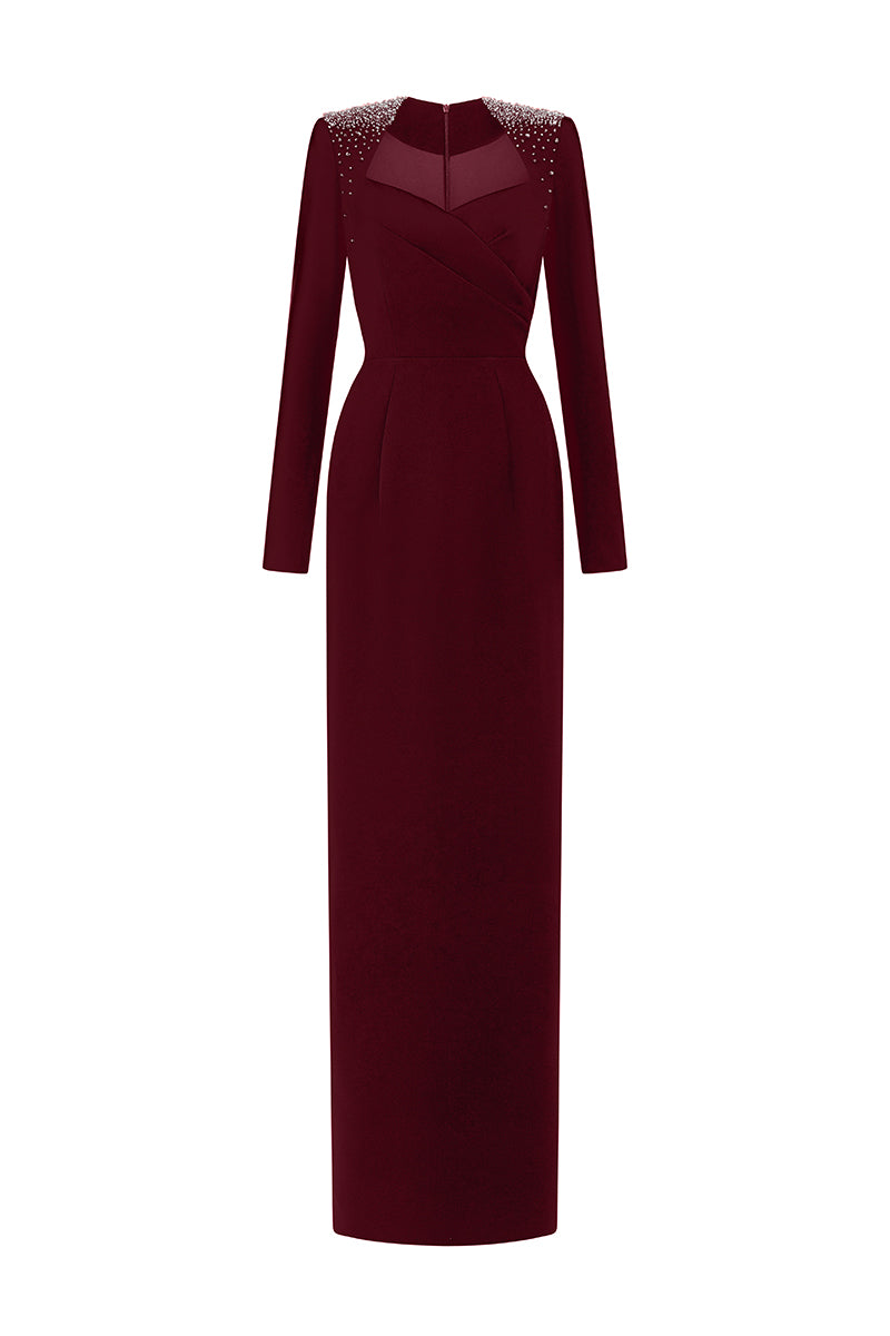 Queen Anne Neck Column Gown With Long Sleeves | I.H.F ATELIER