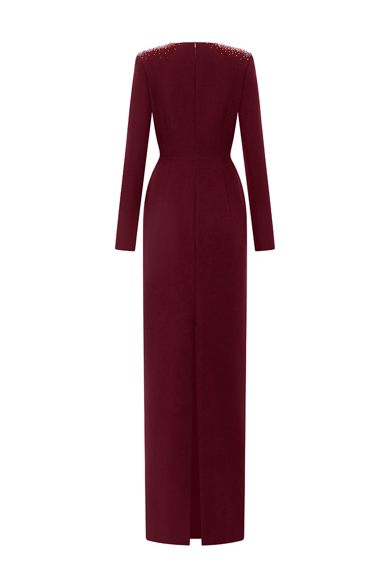 Queen Anne Neck Column Gown With Long Sleeves | I.H.F ATELIER