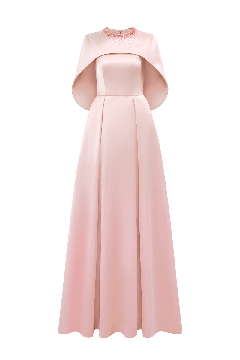 Round Neck A-Line Gown With Circular Cut Mini Cape | I.H.F ATELIER