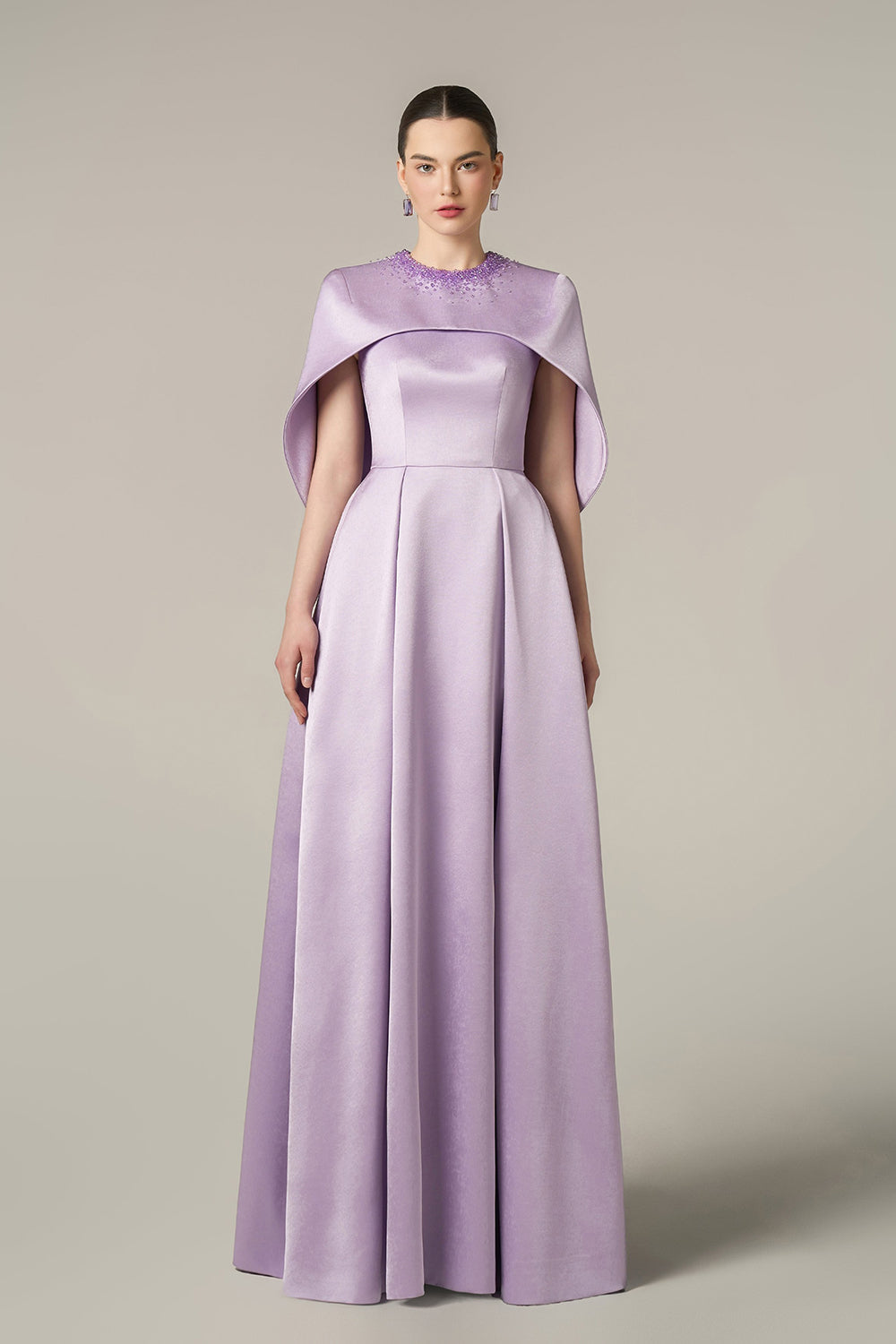 Round Neck A-Line Gown With Circular Cut Mini Cape | I.H.F ATELIER