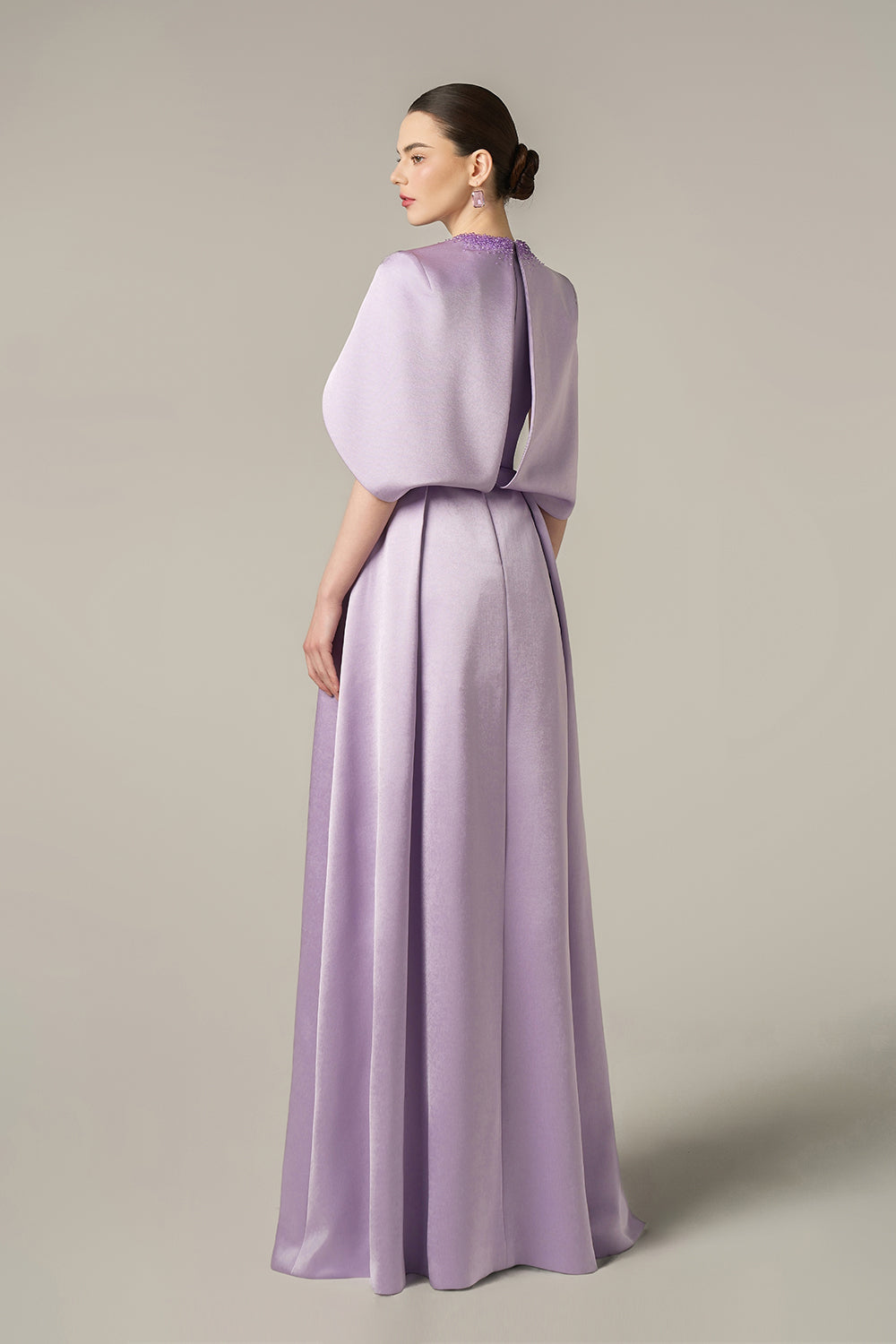 Round Neck A-Line Gown With Circular Cut Mini Cape | I.H.F ATELIER