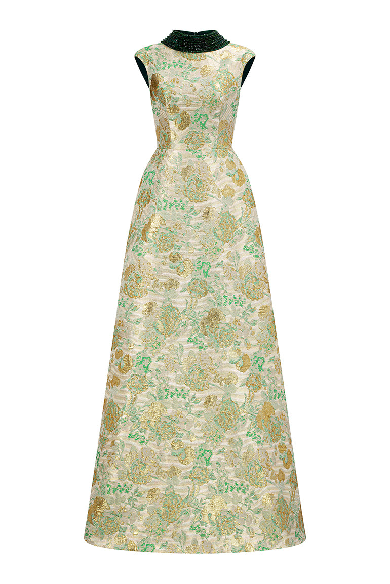 Round Neck A-Line Gown With De-Constructed Collar In Green Floral Metallic Jacquard | I.H.F ATELIER