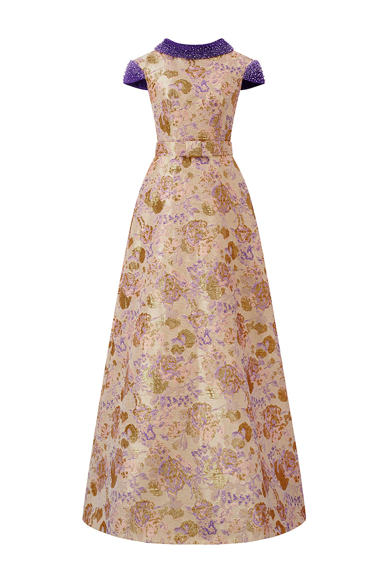 Round Neck A-Line Gown With De-Constructed Collar In Purple Floral Metallic Jacquard | I.H.F ATELIER
