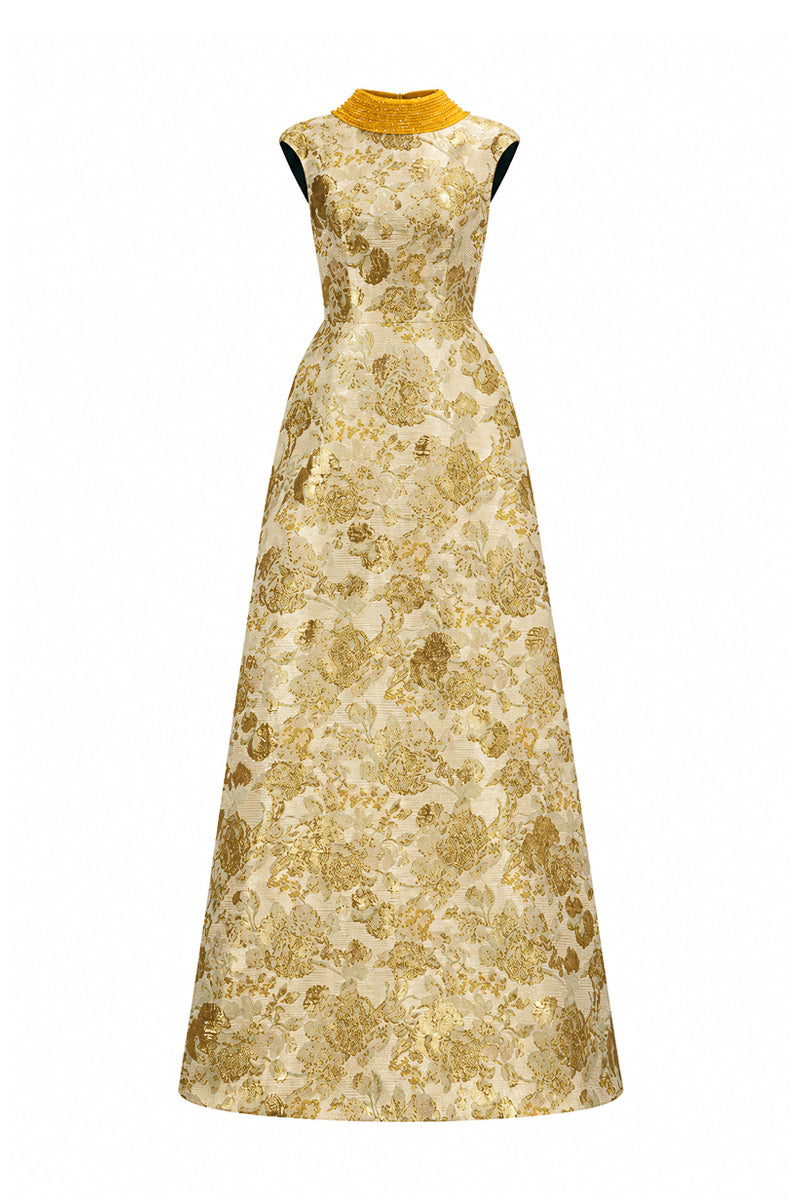Round Neck A-Line Gown With De-Constructed Collar In Yellow Floral Metallic Jacquard | I.H.F ATELIER