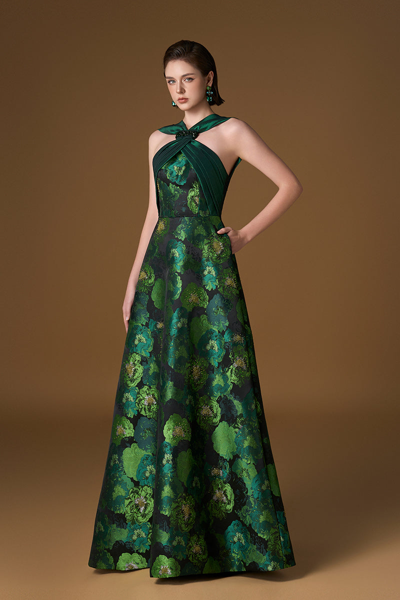 Round Neck A-line Gown With Gathering With Ties In Green Taffeta And Floral Jacquard | I.H.F ATELIER
