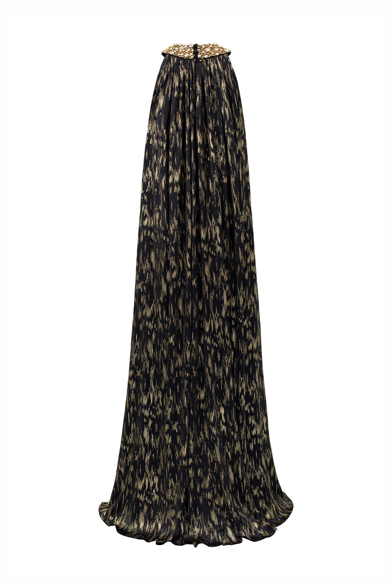 Round Neck A-line Gown With Large Collar In Black Metallic Striped Chiffon | I.H.F ATELIER