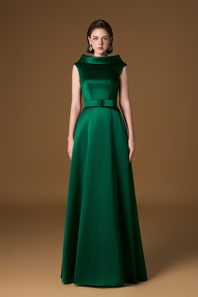 Round Neck A-Line Gown With Large De-Constructed Collar In Green Silk | I.H.F ATELIER