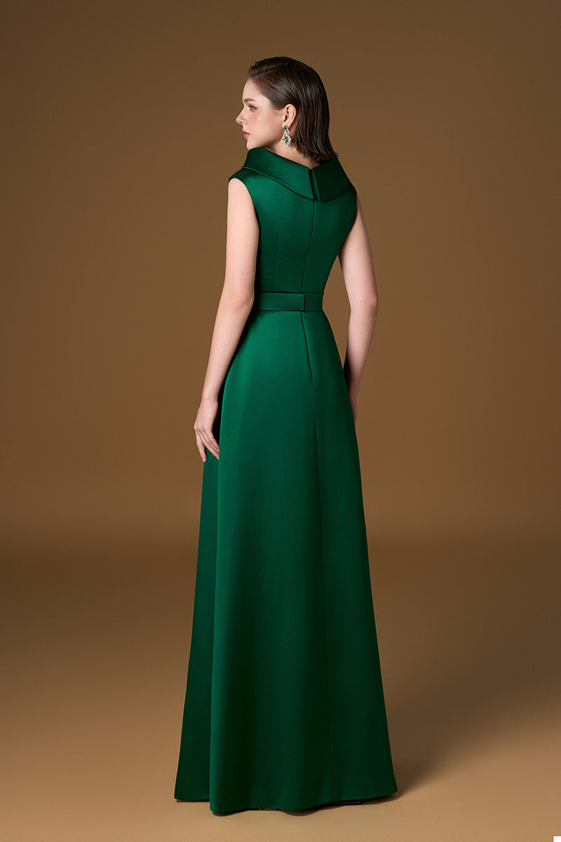 Round Neck A-Line Gown With Large De-Constructed Collar In Green Silk | I.H.F ATELIER