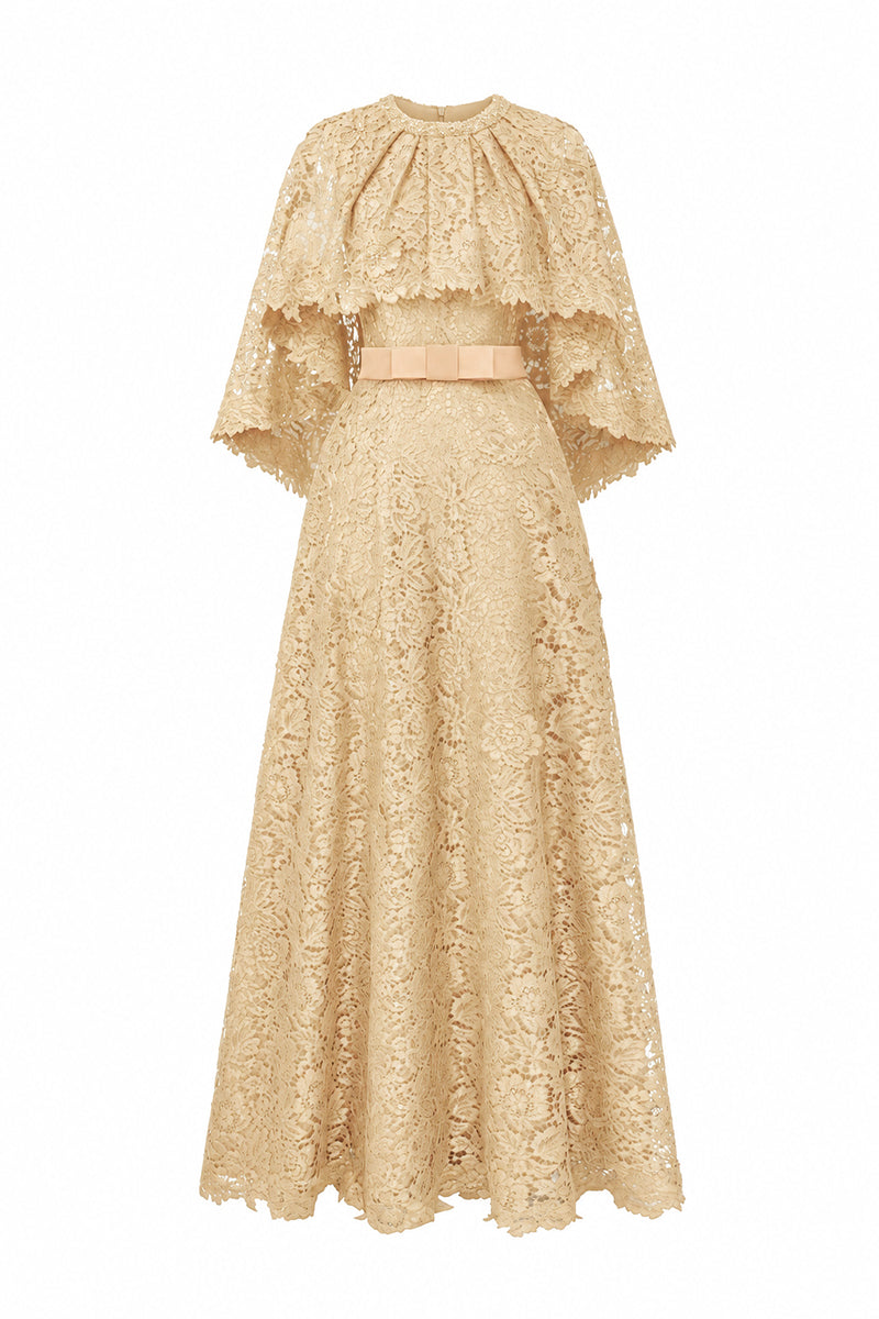 Round Neck Column A-line Gown With Mullet Cape In Dark Beige French Lace | I.H.F ATELIER