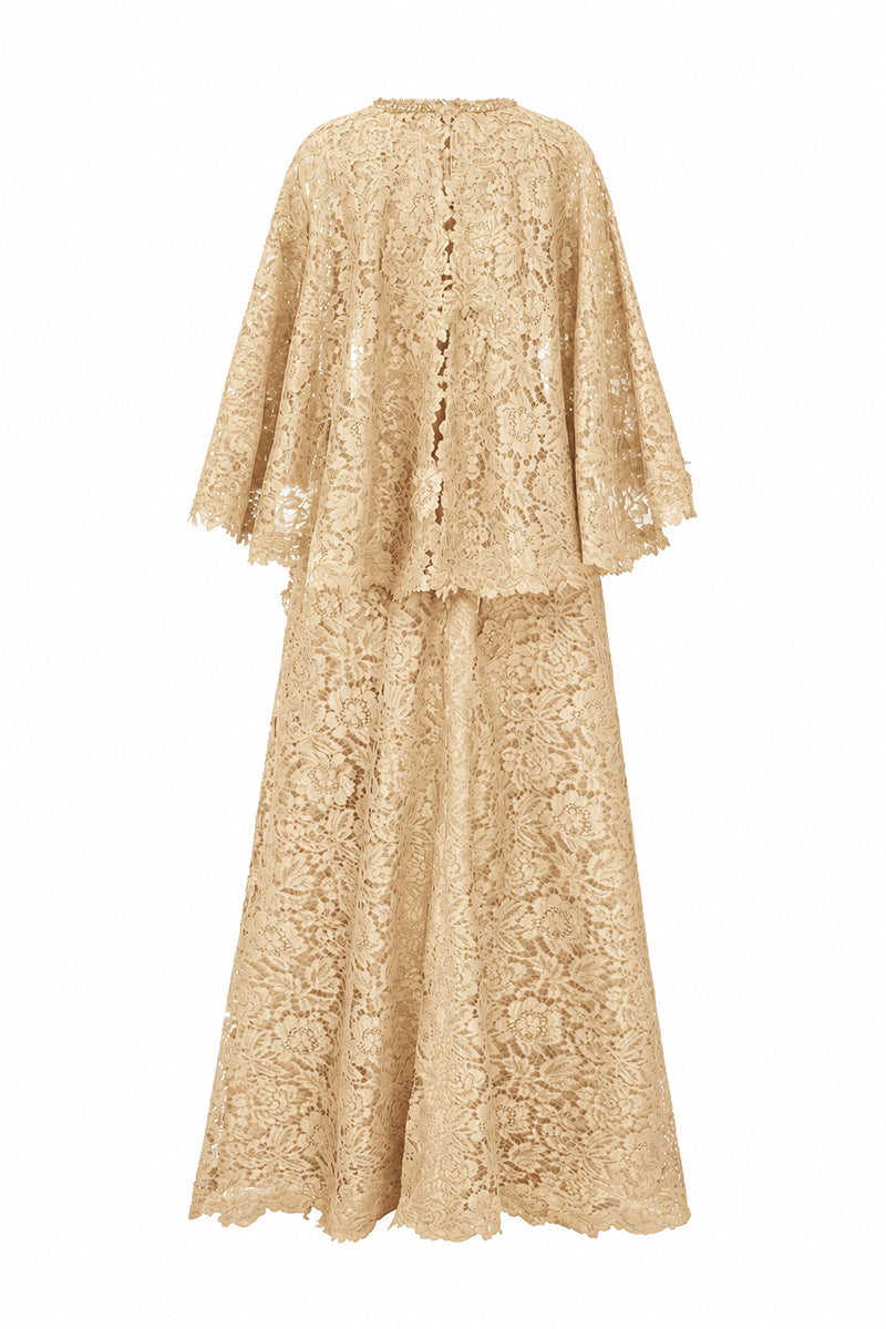 Round Neck Column A-line Gown With Mullet Cape In Dark Beige French Lace | I.H.F ATELIER
