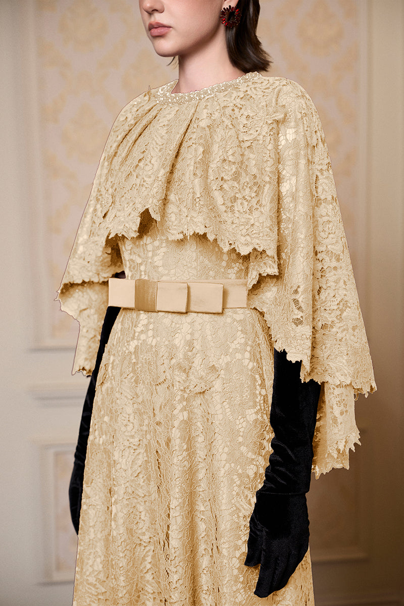 Round Neck Column A-line Gown With Mullet Cape In Dark Beige French Lace | I.H.F ATELIER