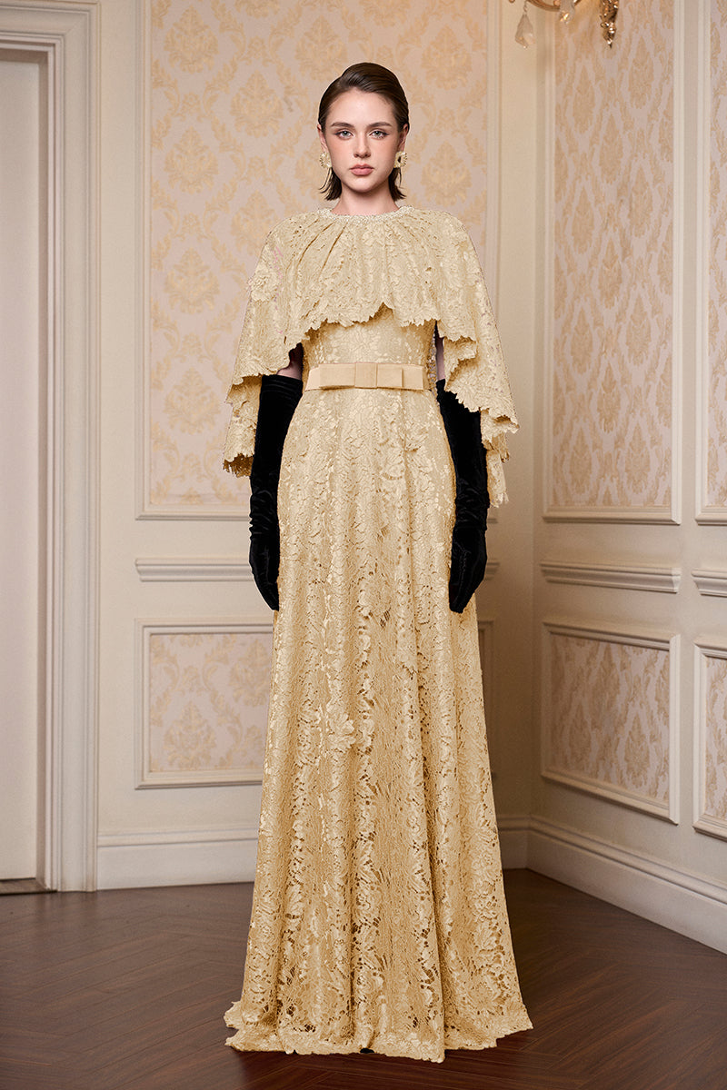 Round Neck Column A-line Gown With Mullet Cape In Dark Beige French Lace | I.H.F ATELIER