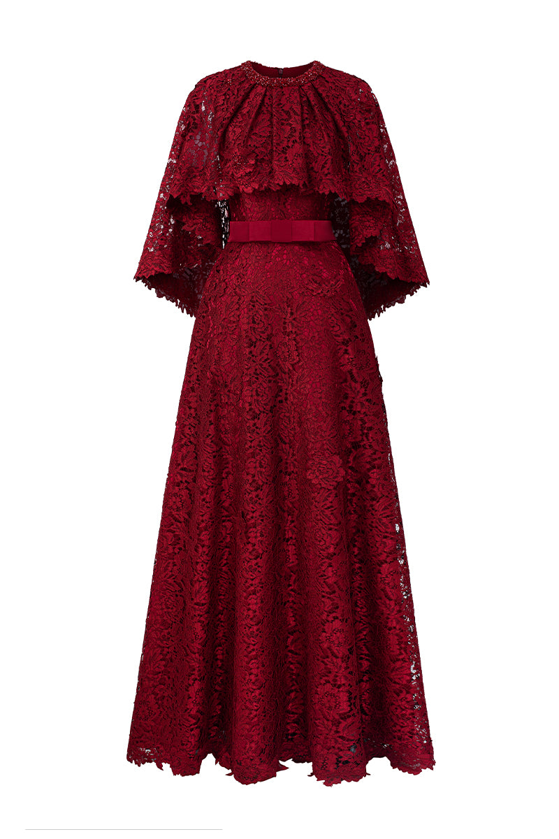 Round Neck Column A-line Gown With Mullet Cape In Dark Red French Lace | I.H.F ATELIER