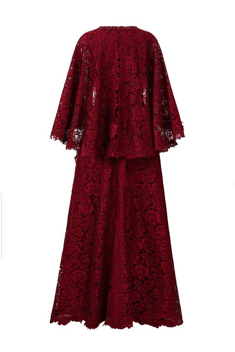 Round Neck Column A-line Gown With Mullet Cape In Dark Red French Lace | I.H.F ATELIER