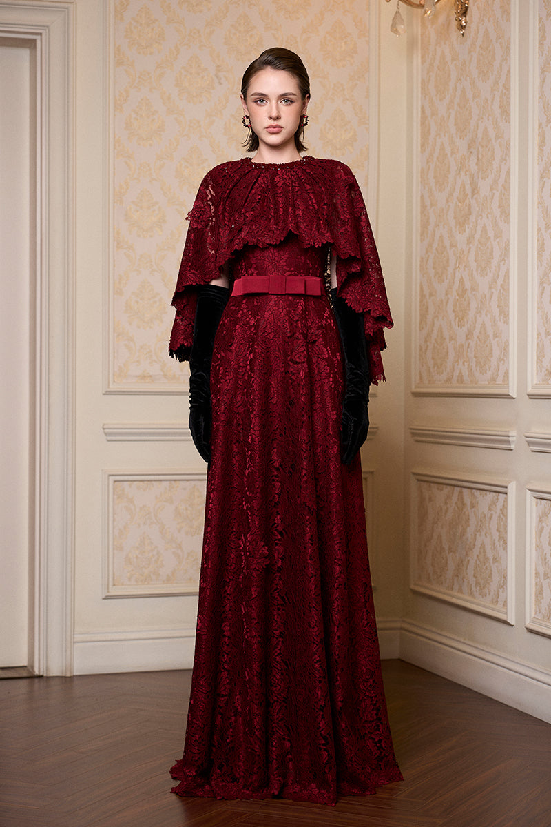 Round Neck Column A-line Gown With Mullet Cape In Dark Red French Lace | I.H.F ATELIER