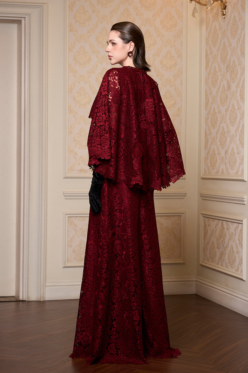 Round Neck Column A-line Gown With Mullet Cape In Dark Red French Lace | I.H.F ATELIER