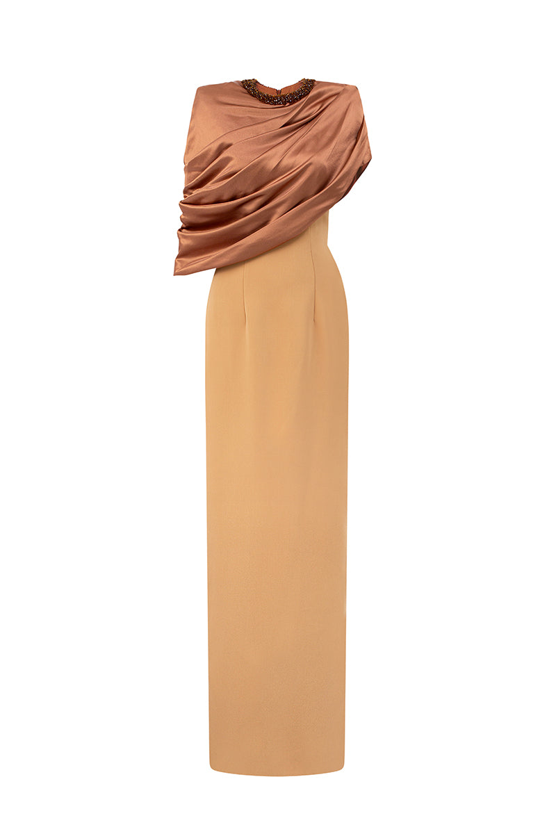 Round Neck Column Gown With Asymmetric Cape In Brown Satin Silk And Light Brown Crepe | I.H.F ATELIER