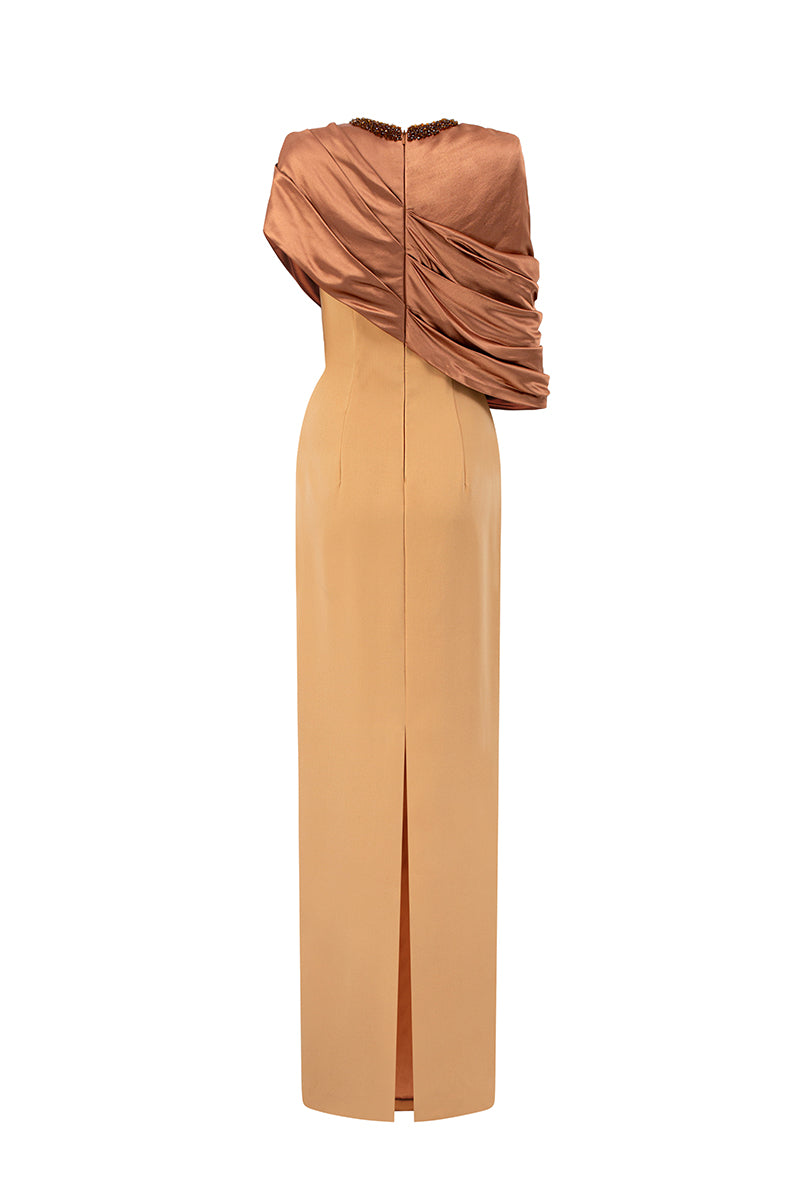 Round Neck Column Gown With Asymmetric Cape In Brown Satin Silk And Light Brown Crepe | I.H.F ATELIER