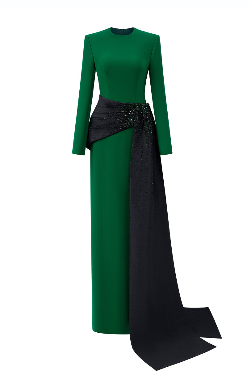 Round Neck Column Gown With Asymmetric Draped Detail In Green Crepe & Black Taffeta | I.H.F ATELIER