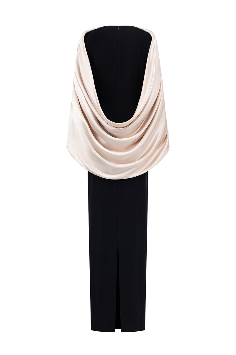 Round Neck Column Gown With Cape Sleeves In Black Crepe & Ivory Silk | I.H.F ATELIER