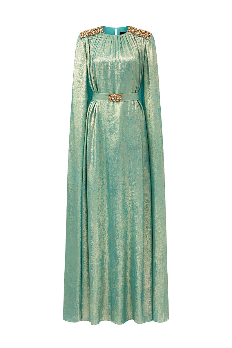 Round Neck Column Gown With Floor-Length Cape Sleeves In Light Green Metallic Silk | I.H.F ATELIER