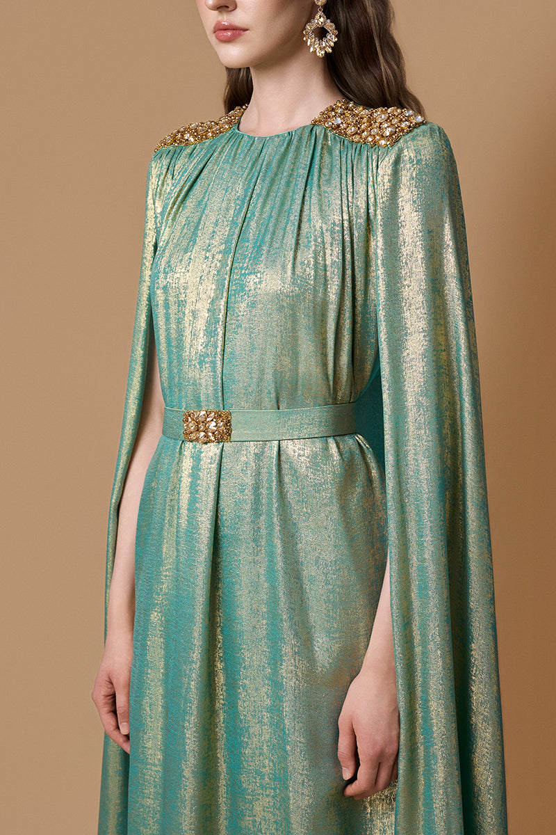 Round Neck Column Gown With Floor-Length Cape Sleeves In Light Green Metallic Silk | I.H.F ATELIER