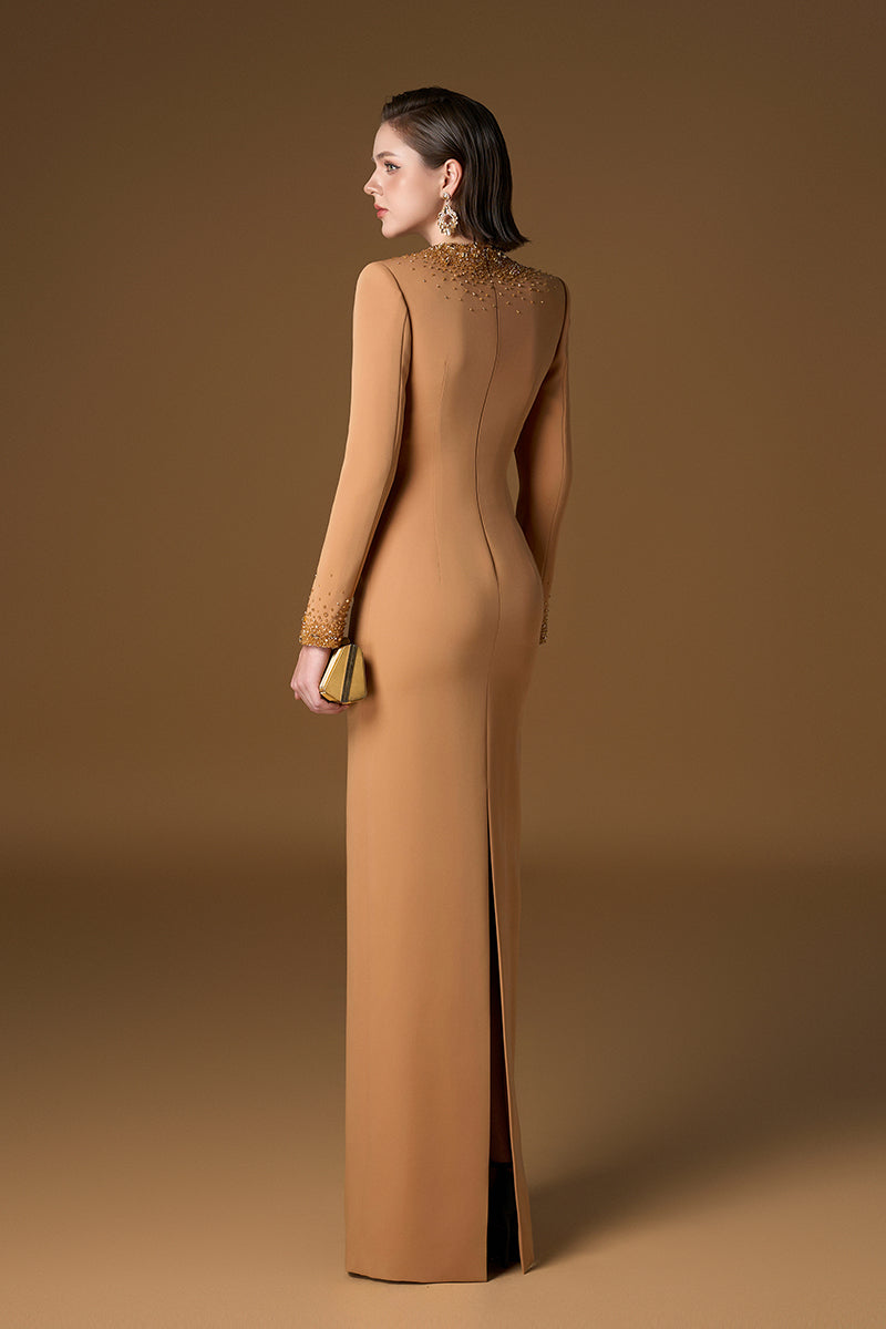 Round Neck Column Gown With Gold Crystals & Stones In Brown Crepe | I.H.F ATELIER