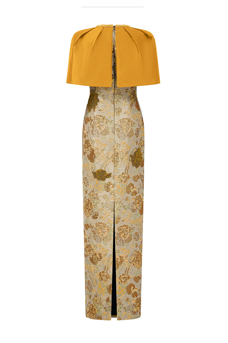 Round Neck Column Gown With Mini Cape In Dark Gold Floral Metallic Jacquard & Taffeta | I.H.F ATELIER