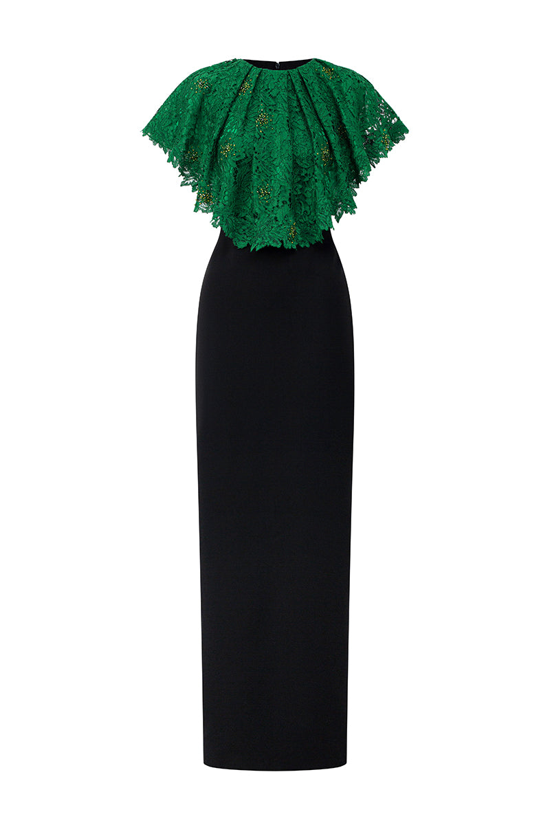 Round Neck Column Gown With Mini Cape In Dark Green French Lace & Black Crepe | I.H.F ATELIER
