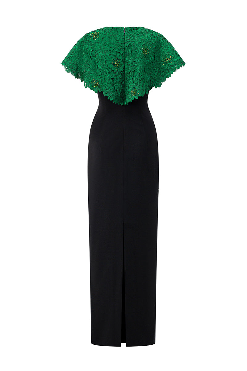 Round Neck Column Gown With Mini Cape In Dark Green French Lace & Black Crepe | I.H.F ATELIER