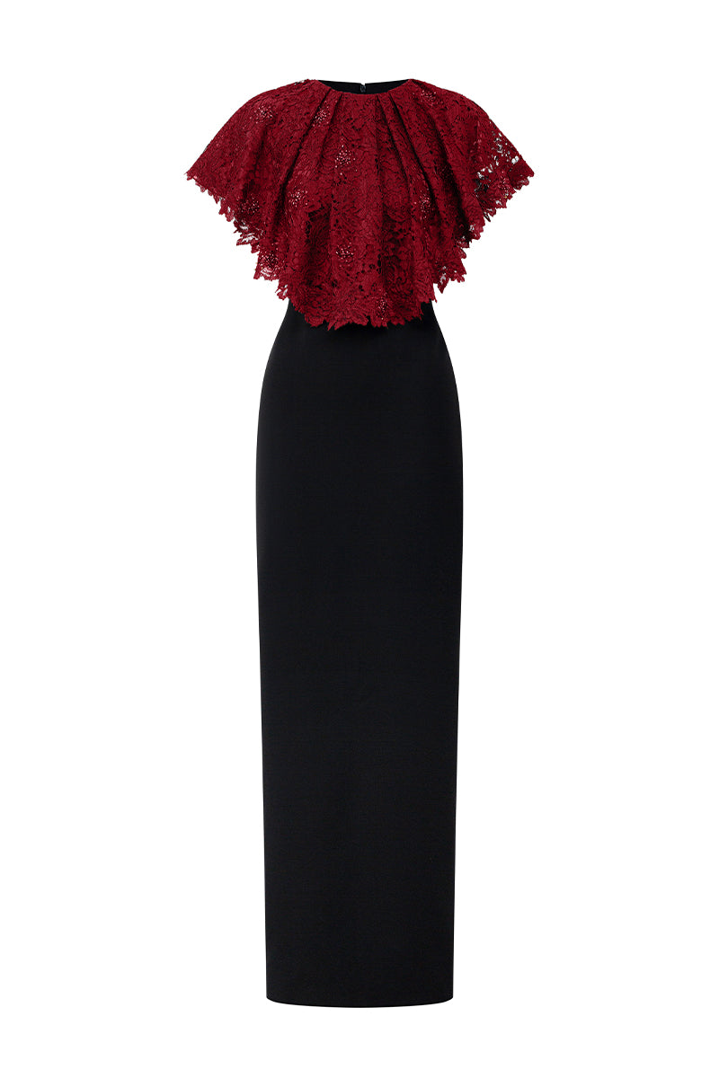 Round Neck Column Gown With Mini Cape In Dark Red French Lace & Black Crepe | I.H.F ATELIER