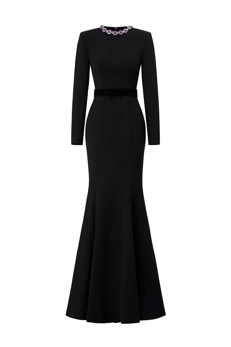 Round Neck Mermaid Gown With Long Sleeves In Black | I.H.F ATELIER