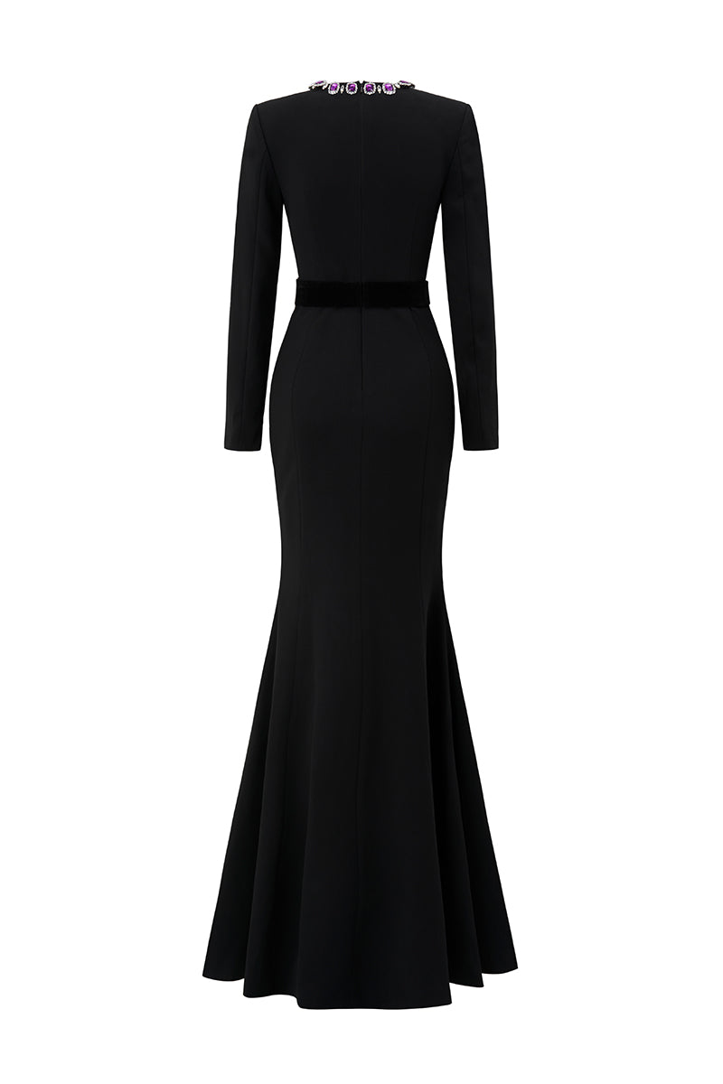 Round Neck Mermaid Gown With Long Sleeves In Black | I.H.F ATELIER