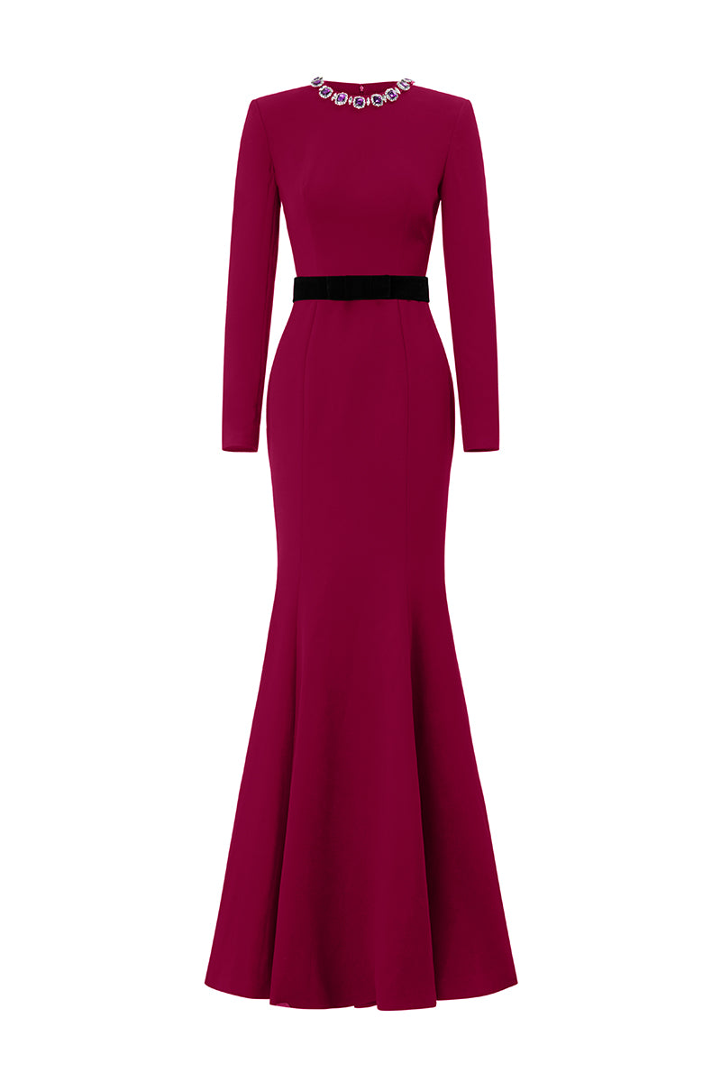 Round Neck Mermaid Gown With Long Sleeves In Pink | I.H.F ATELIER