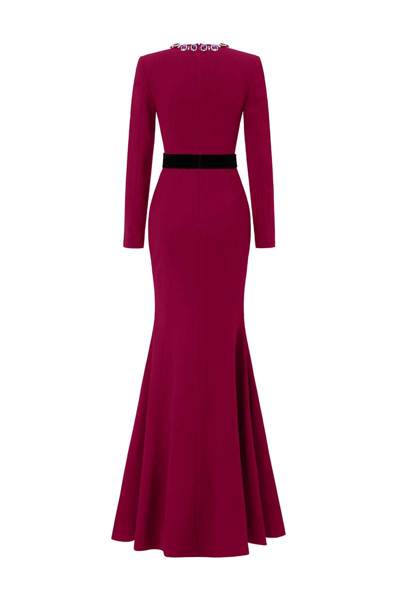 Round Neck Mermaid Gown With Long Sleeves In Pink | I.H.F ATELIER