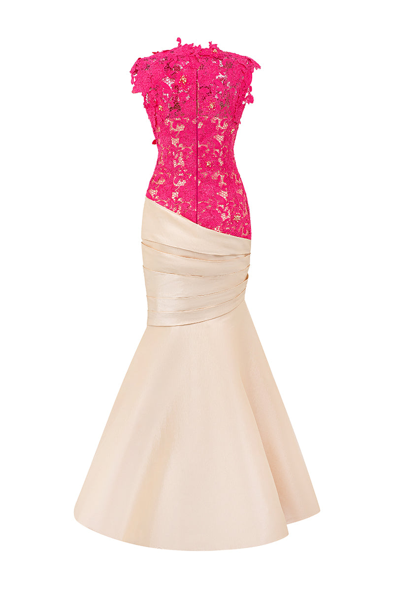 Round Neck Mermaid Gown With Pink Guipure Lace and Ivory Taffeta | I.H.F ATELIER