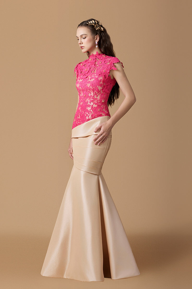 Round Neck Mermaid Gown With Pink Guipure Lace and Ivory Taffeta | I.H.F ATELIER