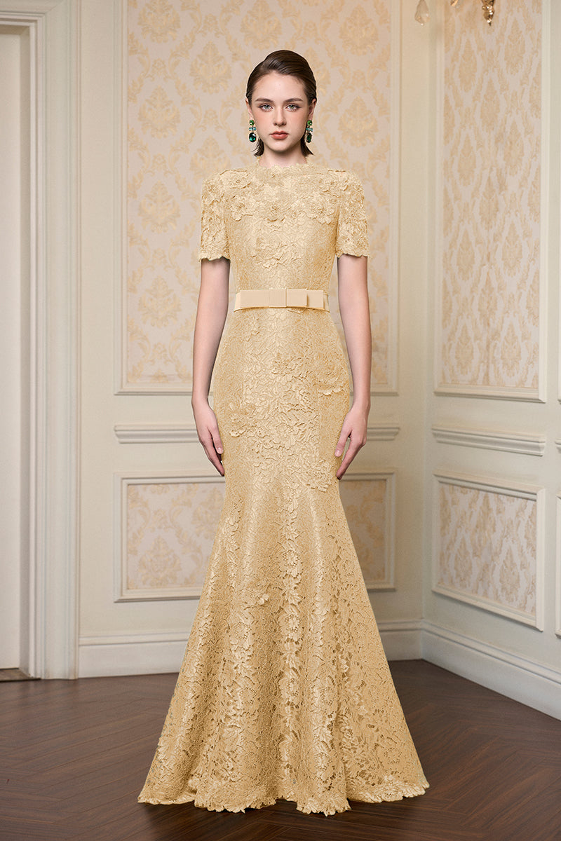 Round Neck Mermaid Gown With Short Sleeves In Beige French Lace | I.H.F ATELIER