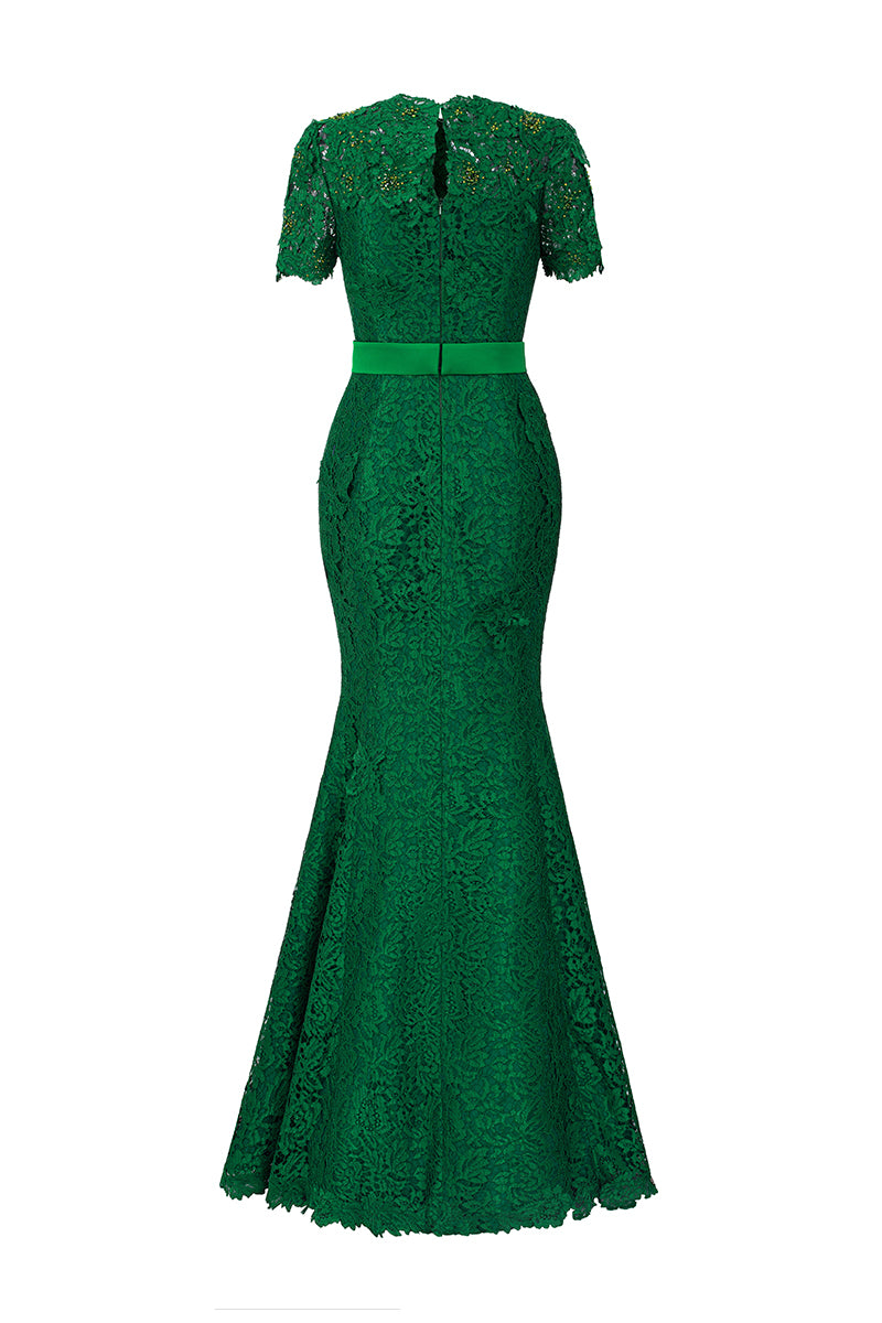 Round Neck Mermaid Gown With Short Sleeves In Dark Green French Lace | I.H.F ATELIER