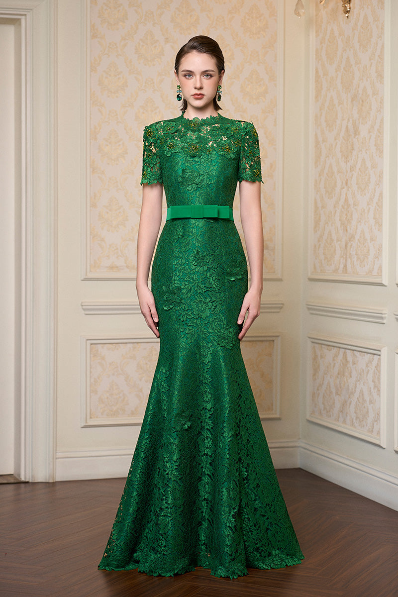 Round Neck Mermaid Gown With Short Sleeves In Dark Green French Lace | I.H.F ATELIER