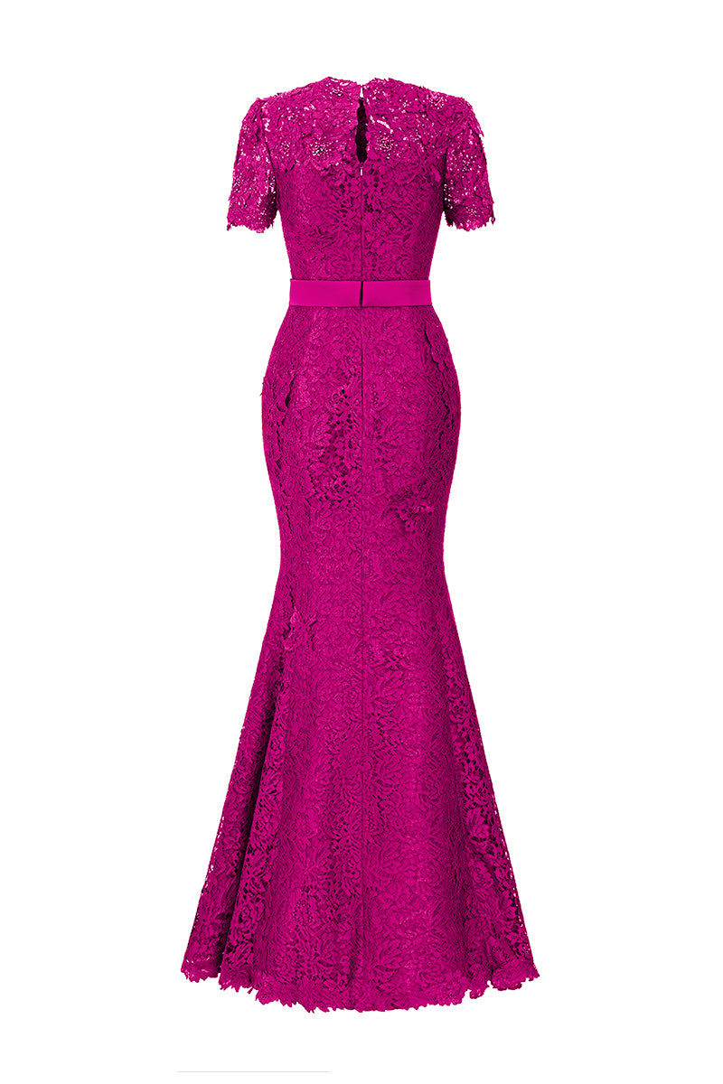 Round Neck Mermaid Gown With Short Sleeves In Pink French Lace | I.H.F ATELIER
