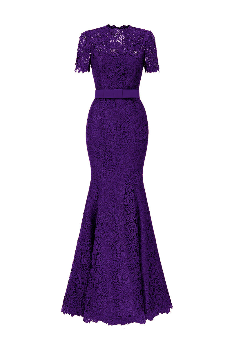 Round Neck Mermaid Gown With Short Sleeves In Purple French Lace | I.H.F ATELIER