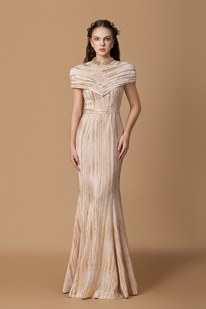 Round Neck Mermaid Gown With Wrapped-around Shoulder In Pleated Beige Jersey | I.H.F ATELIER