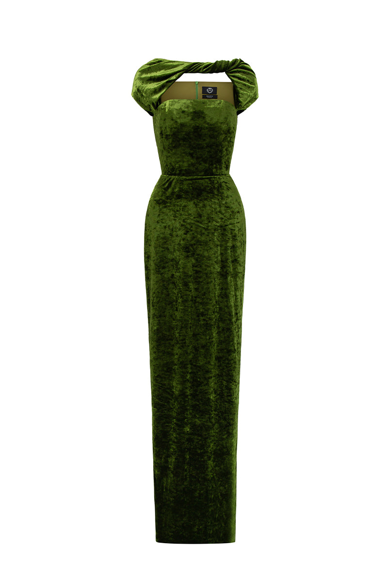 Round Neck Short Sleeve Gown With Draped Details In Olive Velvet | I.H.F ATELIER