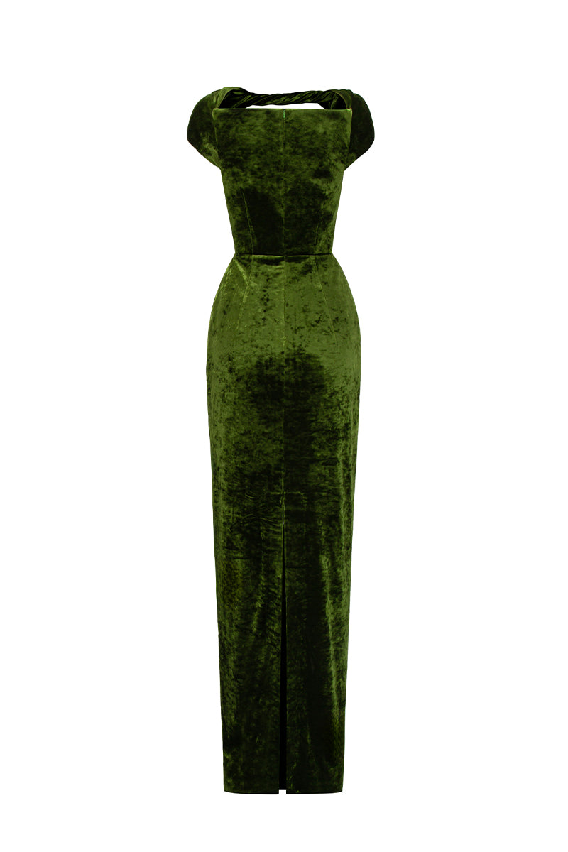 Round Neck Short Sleeve Gown With Draped Details In Olive Velvet | I.H.F ATELIER