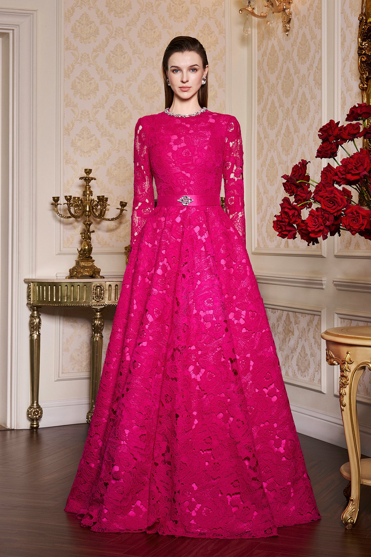 Round Neckline Semi-Circular Lace And Taffeta Gown | I.H.F ATELIER