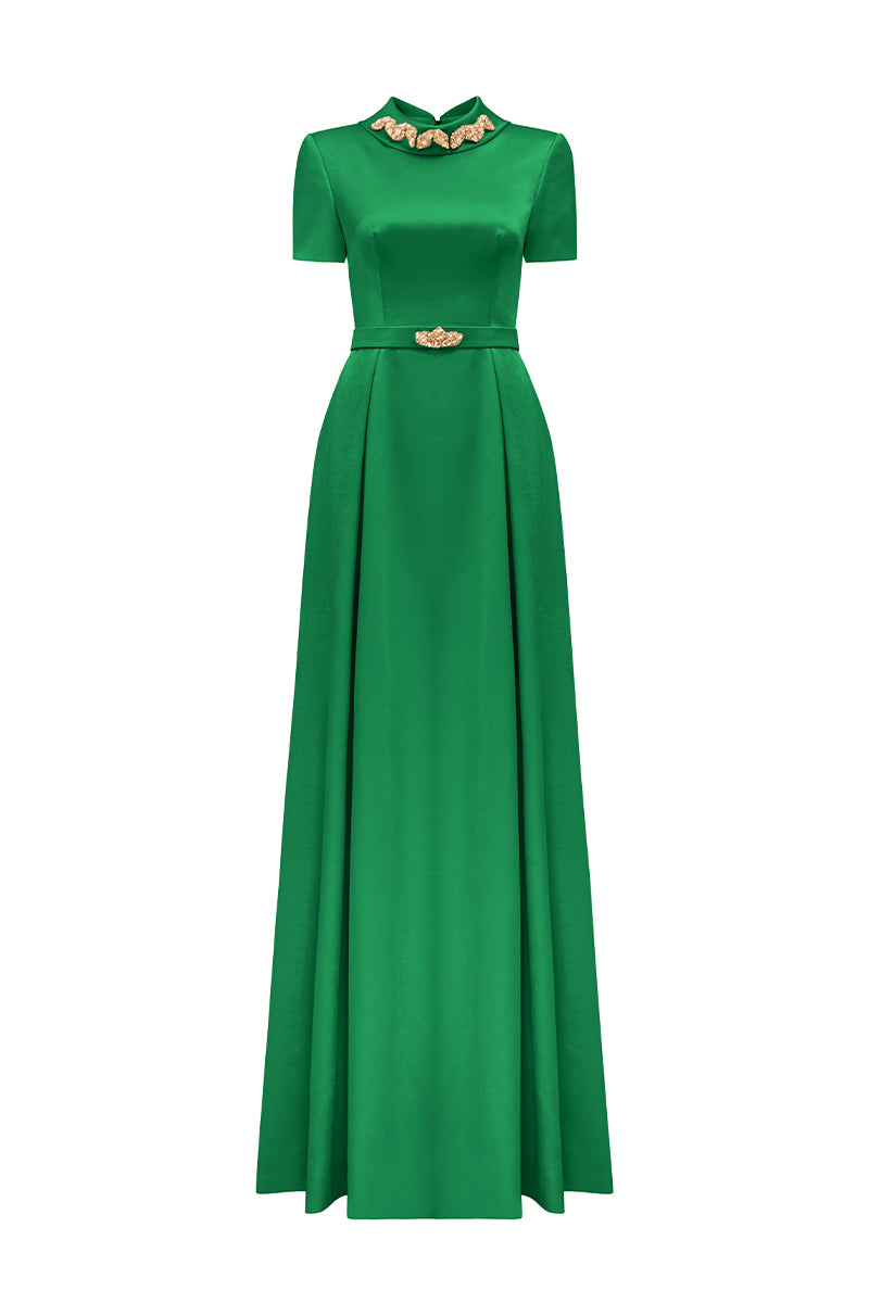 Short Sleeves A-Line Gown With De-Constructed Collar | I.H.F ATELIER