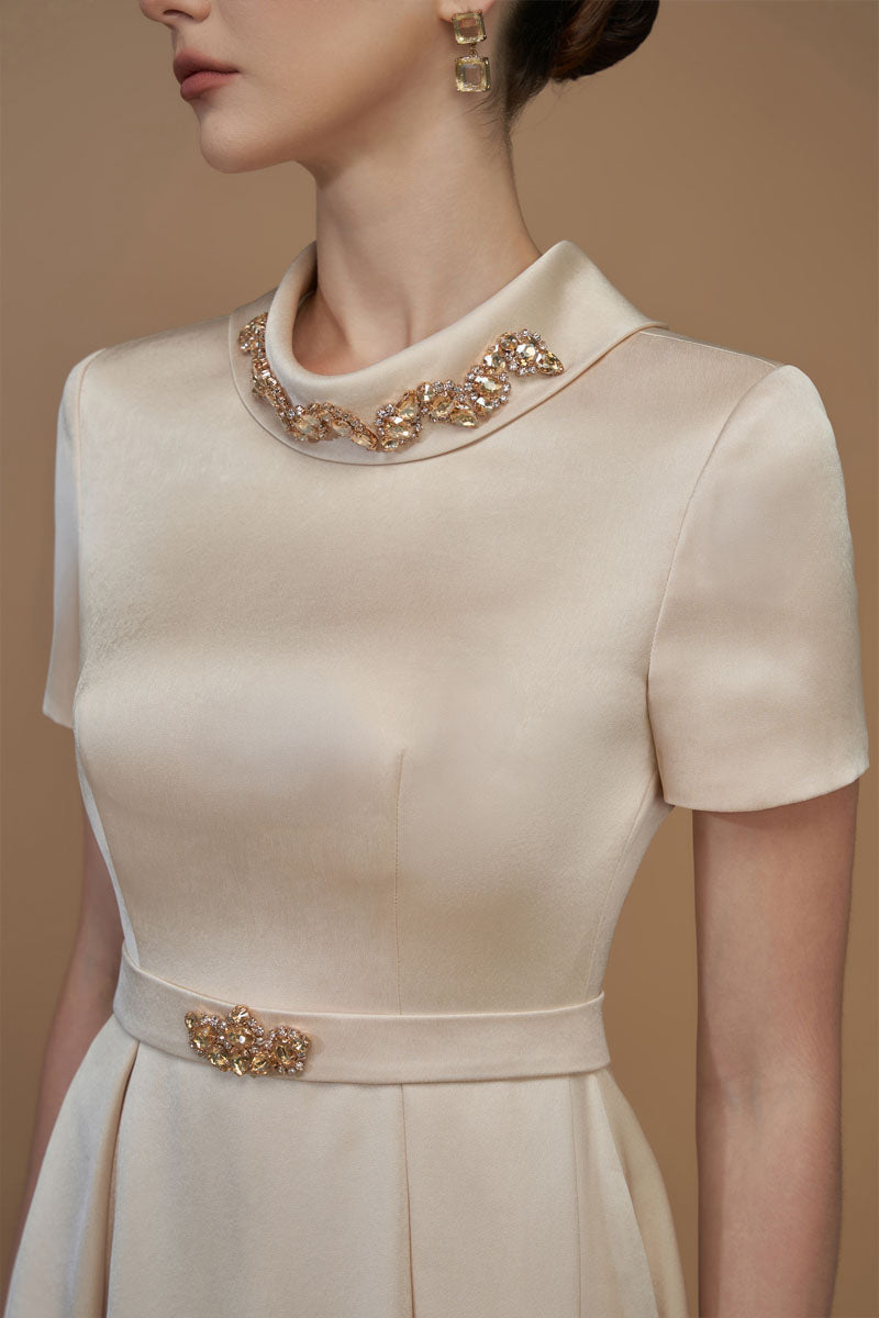 Short Sleeves A-Line Gown With De-Constructed Collar | I.H.F ATELIER