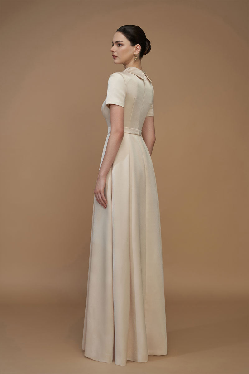 Short Sleeves A-Line Gown With De-Constructed Collar | I.H.F ATELIER